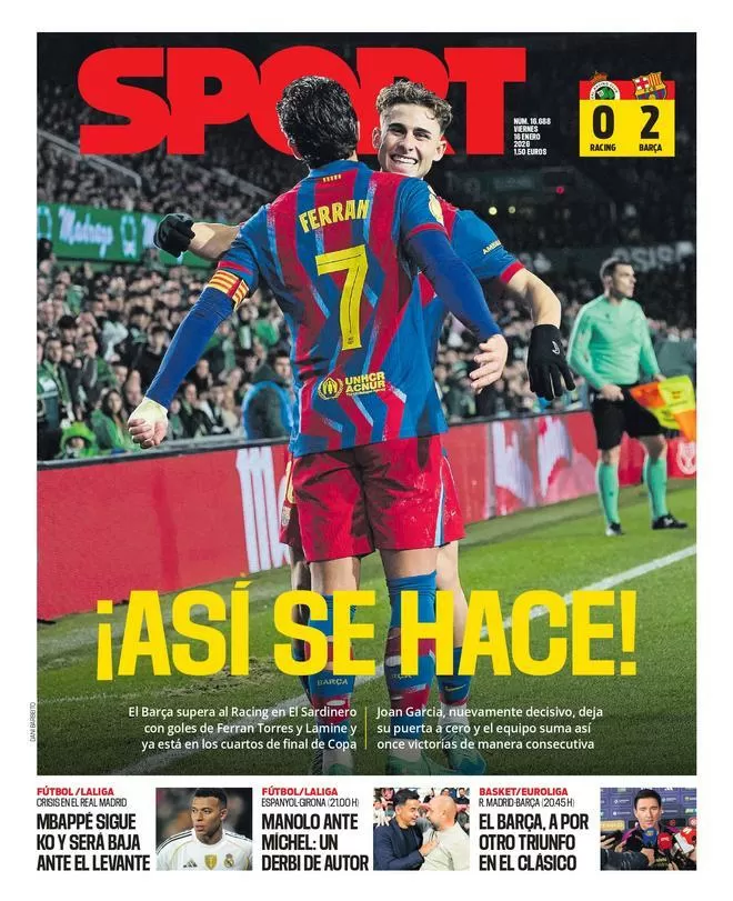 La portada de SPORT de hoy viernes, 16 de enero de 2026