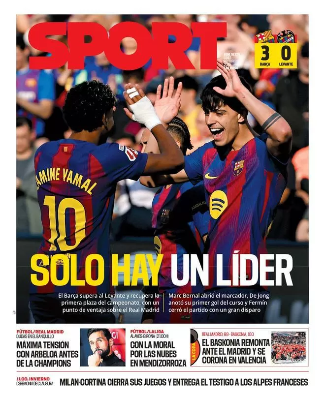 La portada de SPORT de hoy lunes, 23 de febrero de 2026