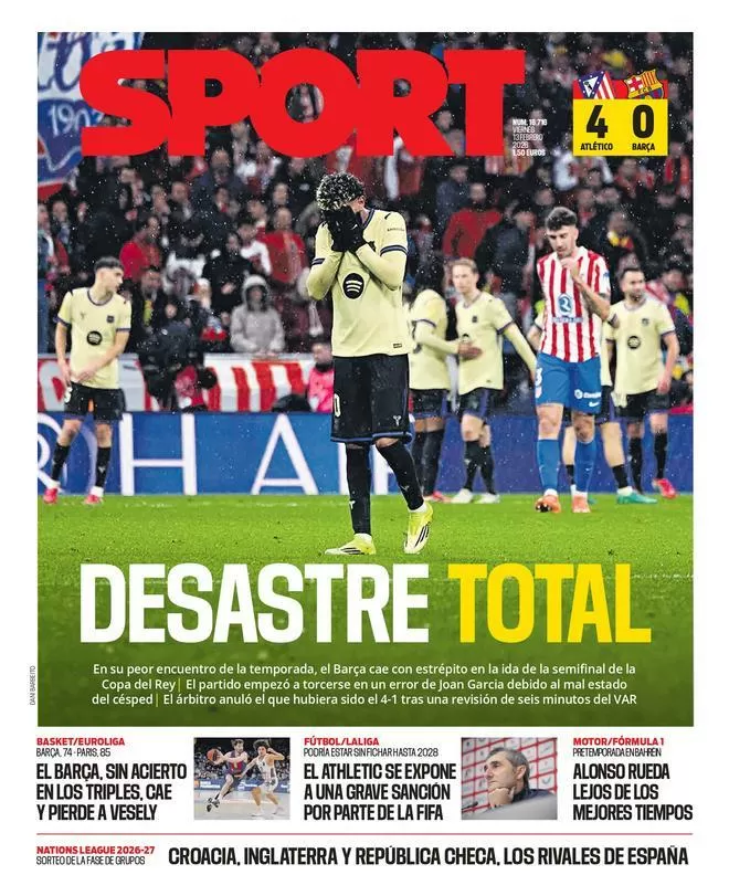 La portada de SPORT de hoy viernes, 13 de febrero de 2026