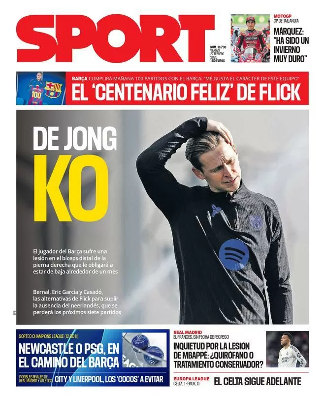 La portada de SPORT de hoy viernes, 27 de febrero de 2026