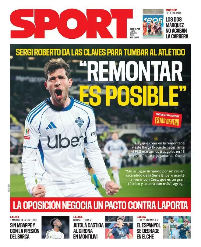 La portada SPORT de hoy, lunes 02 de marzo de 2026